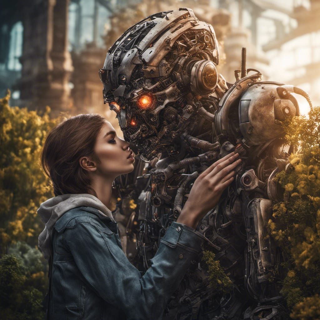 Romantic Robot: Hyperrealistic Kiss in a Fiery Garden