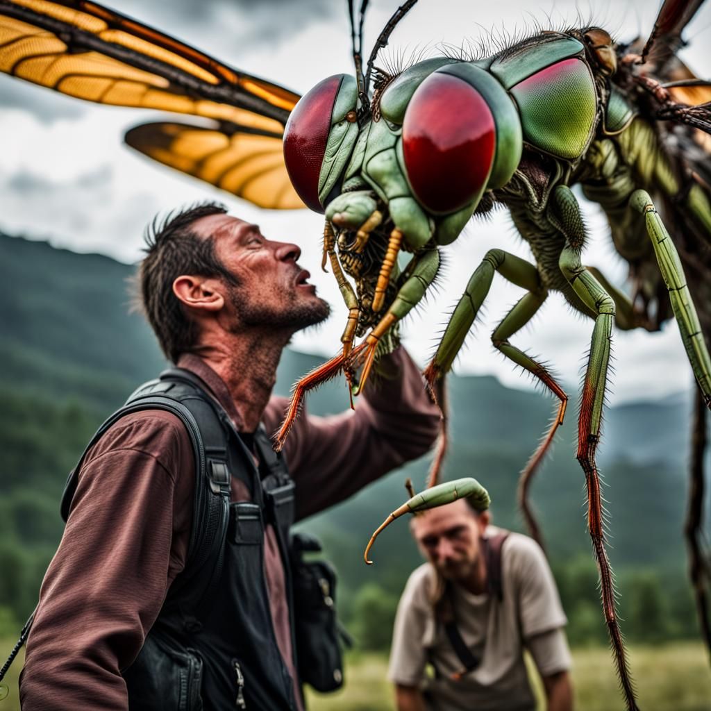 Hyperrealistic Extraterrestrial Mantis Consuming Human