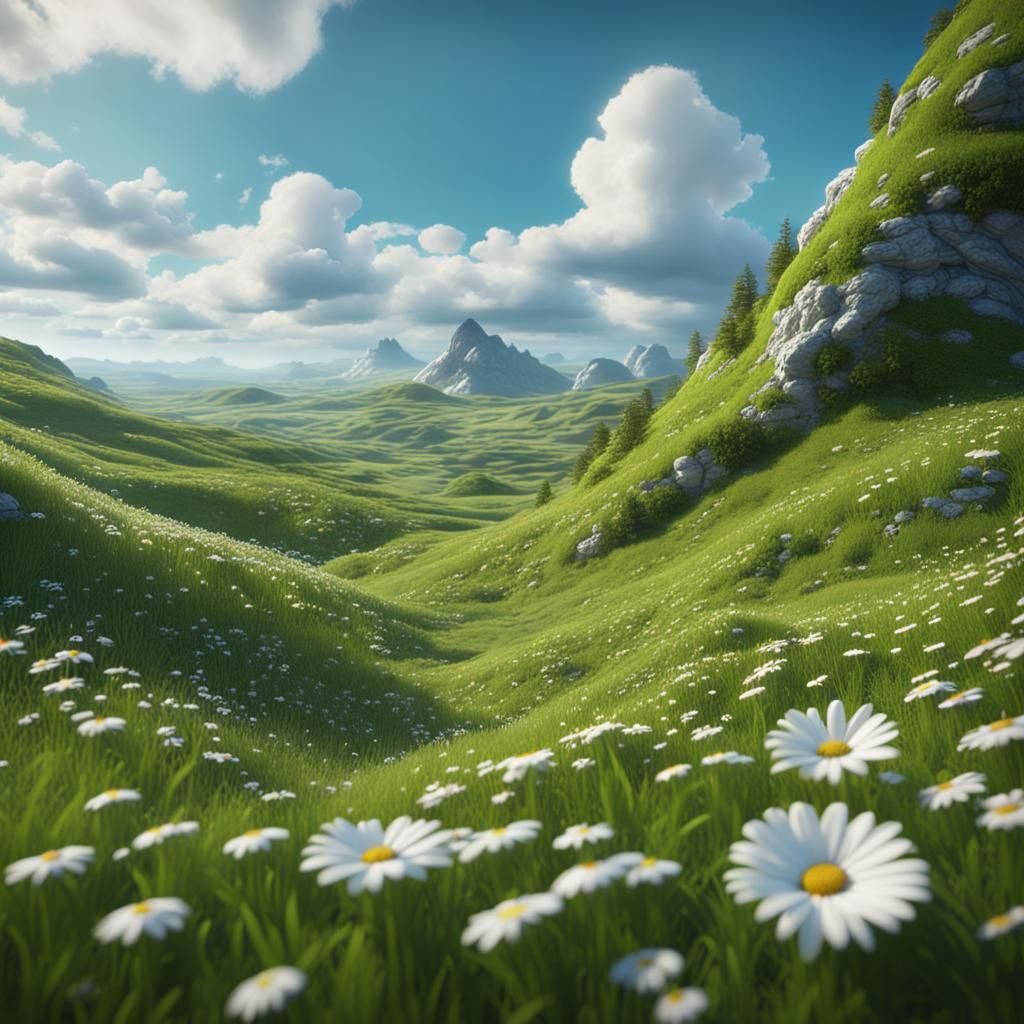 Daisy Flower Valley Under Blue Sky: Matte Painting