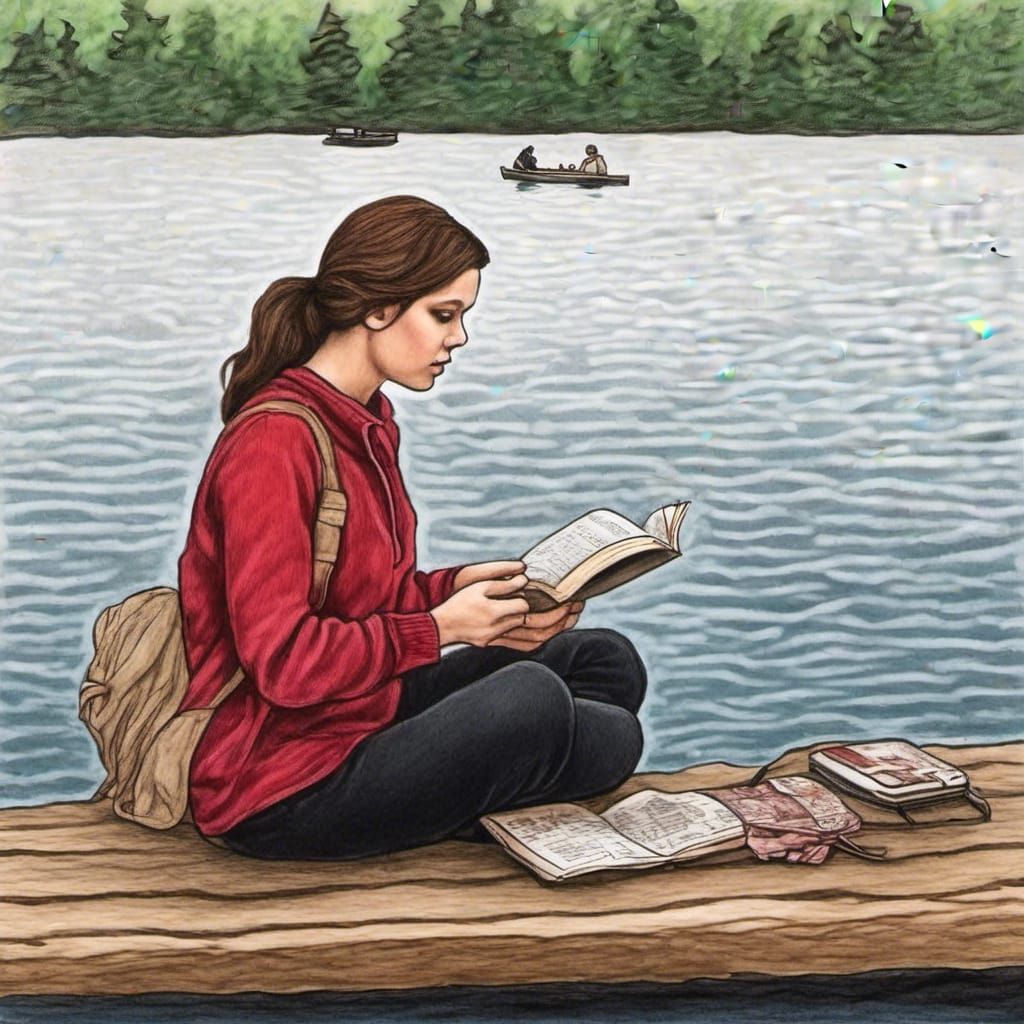 Tattoo Drawing of Reader on Dock by Lake