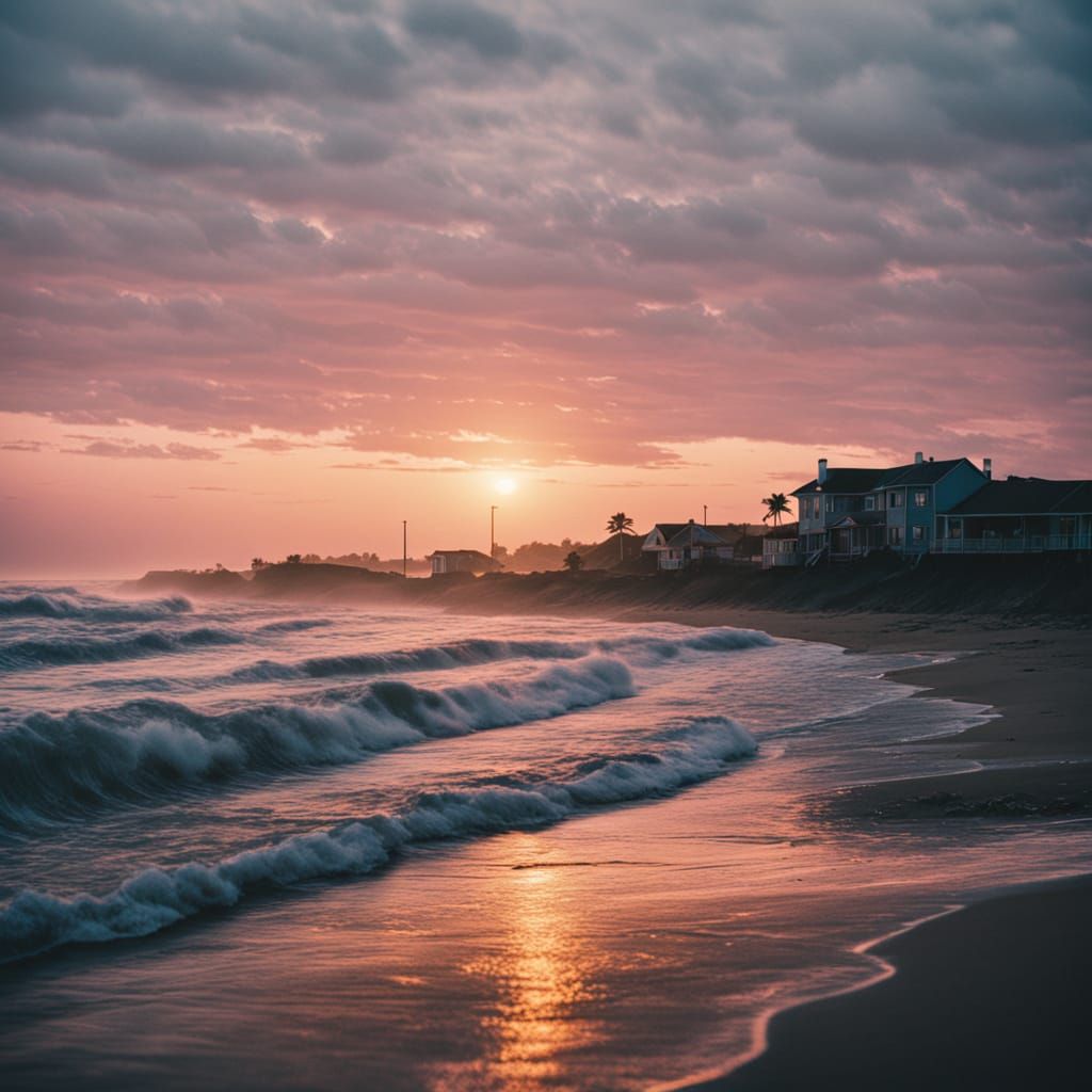 Golden Dawn Over Suburban Shores in Cinematic Film Style