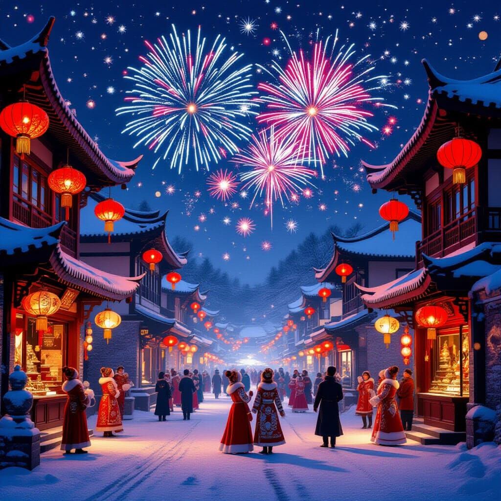 Snowy Chinese New Year Village With Fireworks And Ice Sculpt...