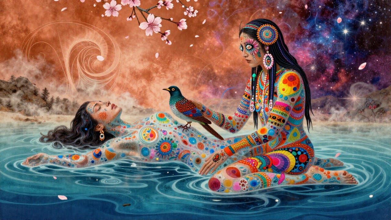 Mystical Shaman in Copper Sky Amidst Cosmic Energy