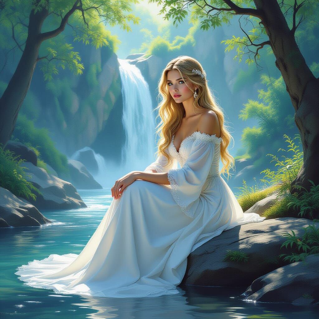 Ethereal Woman by Waterfall, Fantasy Art Style