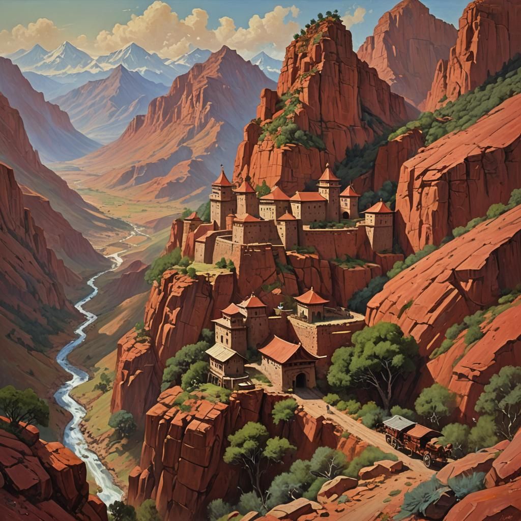 Red Stone Fortress in Mountain Pass, Oil Painting