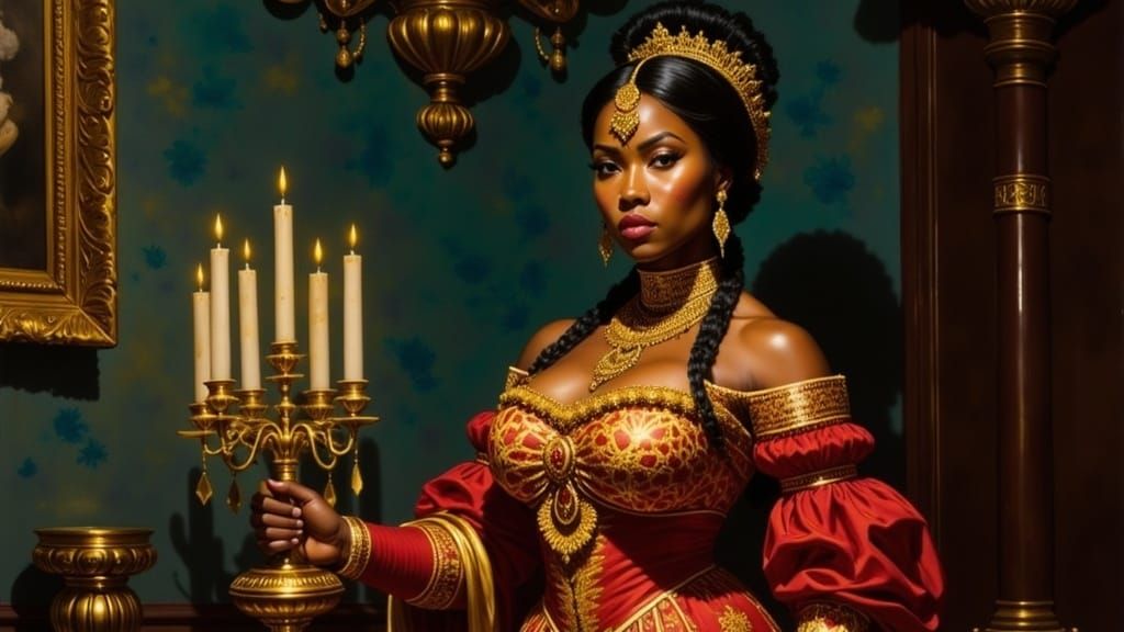 Chilean Woman in Red Gown, Rococo Portrait