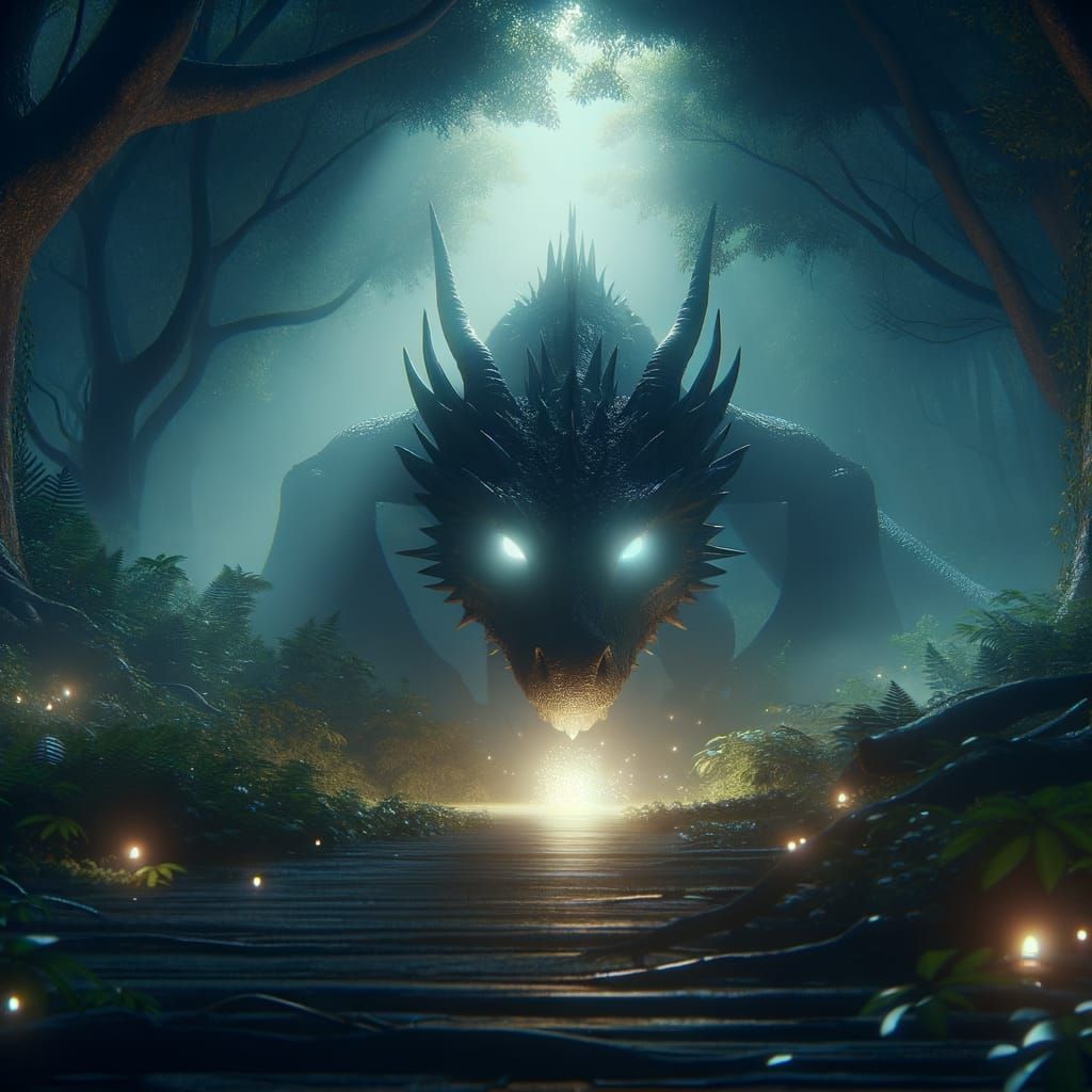 Dragon Hides in Mystical Forest, Glowing Eyes Amid Shadows