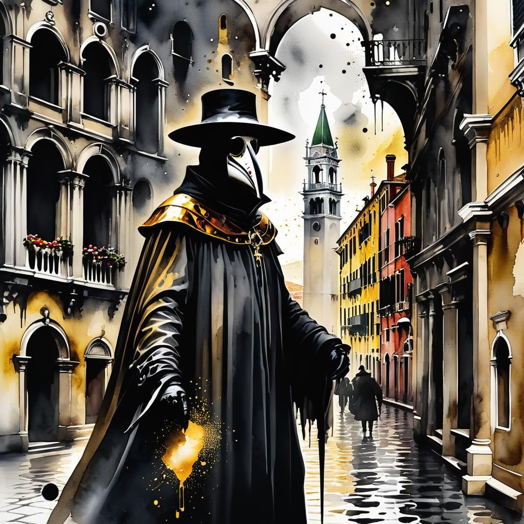 Sinister Plague Doctor in Moody Watercolor Style