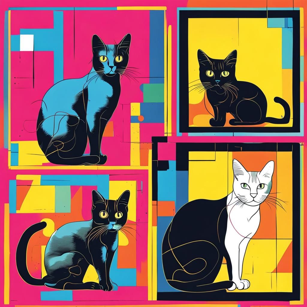 Pop Art: Five Figures with Cat in Bauhaus Style