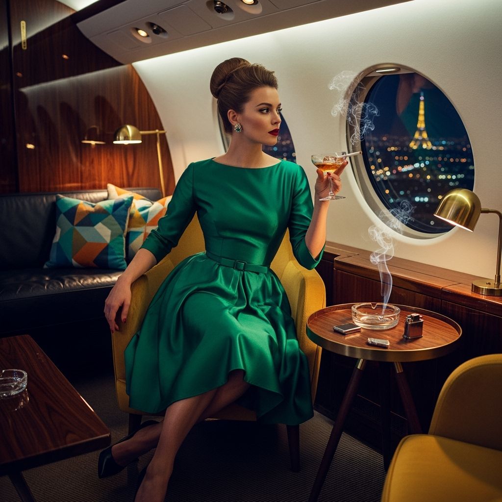 Glamorous Woman Enjoys Cocktail on Jet at Night