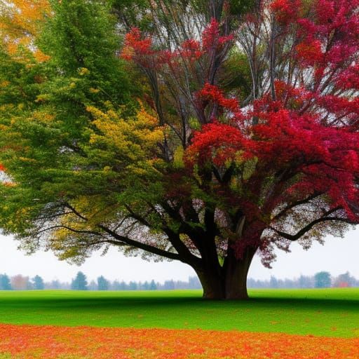 Full tree, line drawn trunk and limbs, multicolored splash a...
