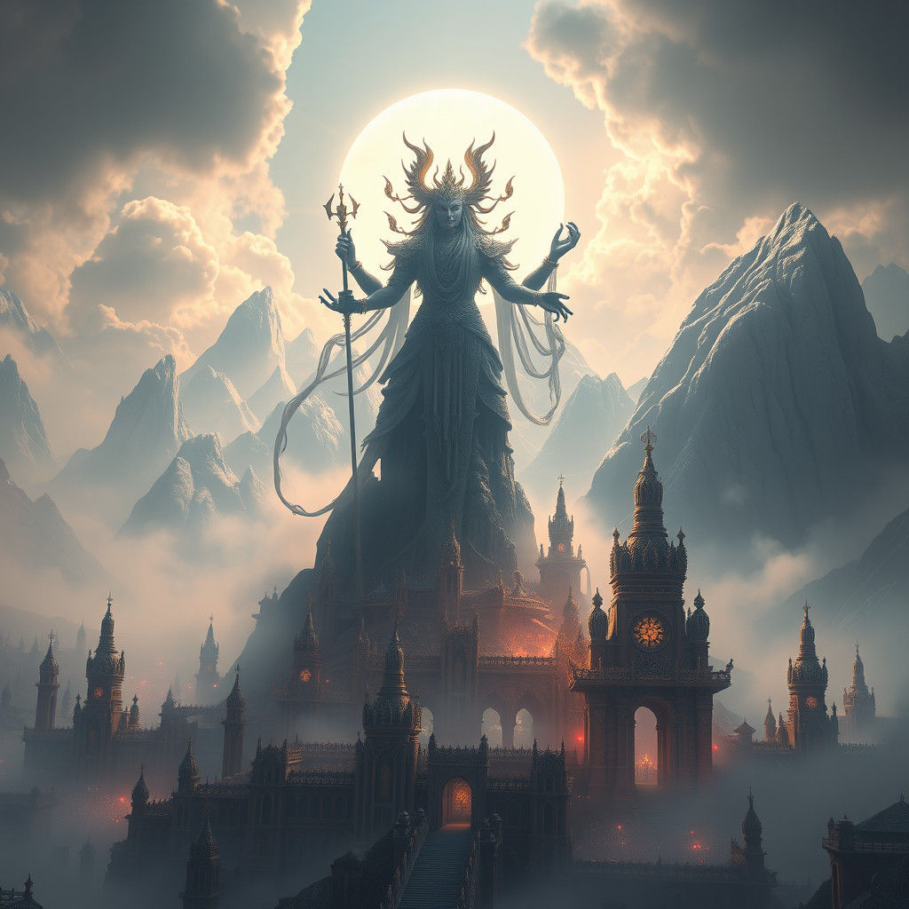 God Crafted by Mortals in Ethereal Cityscape