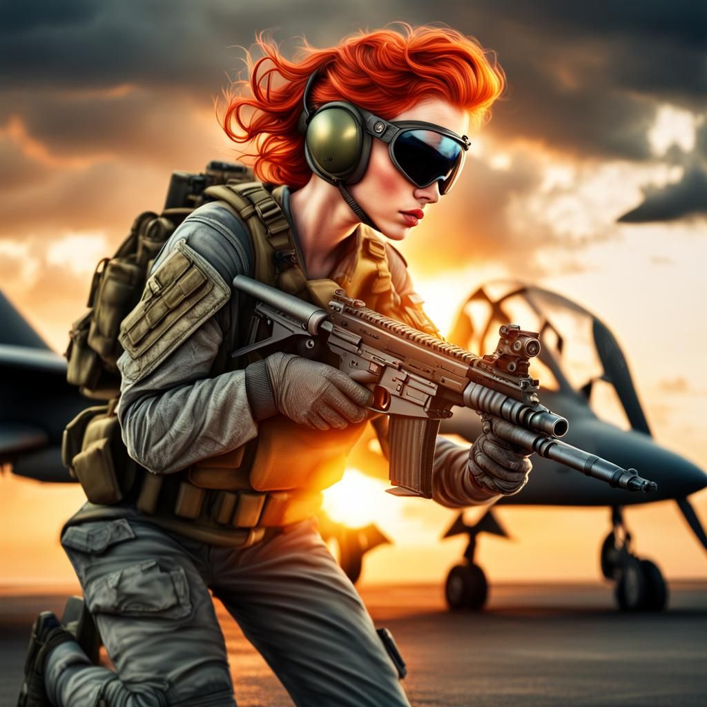 Armored Kitten Jet Pilot in Fiery Sunset