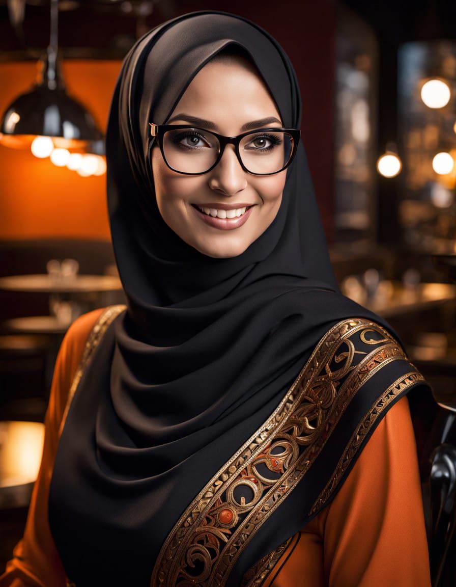 Elegant Egyptian Woman Smiles in a Night Cafe