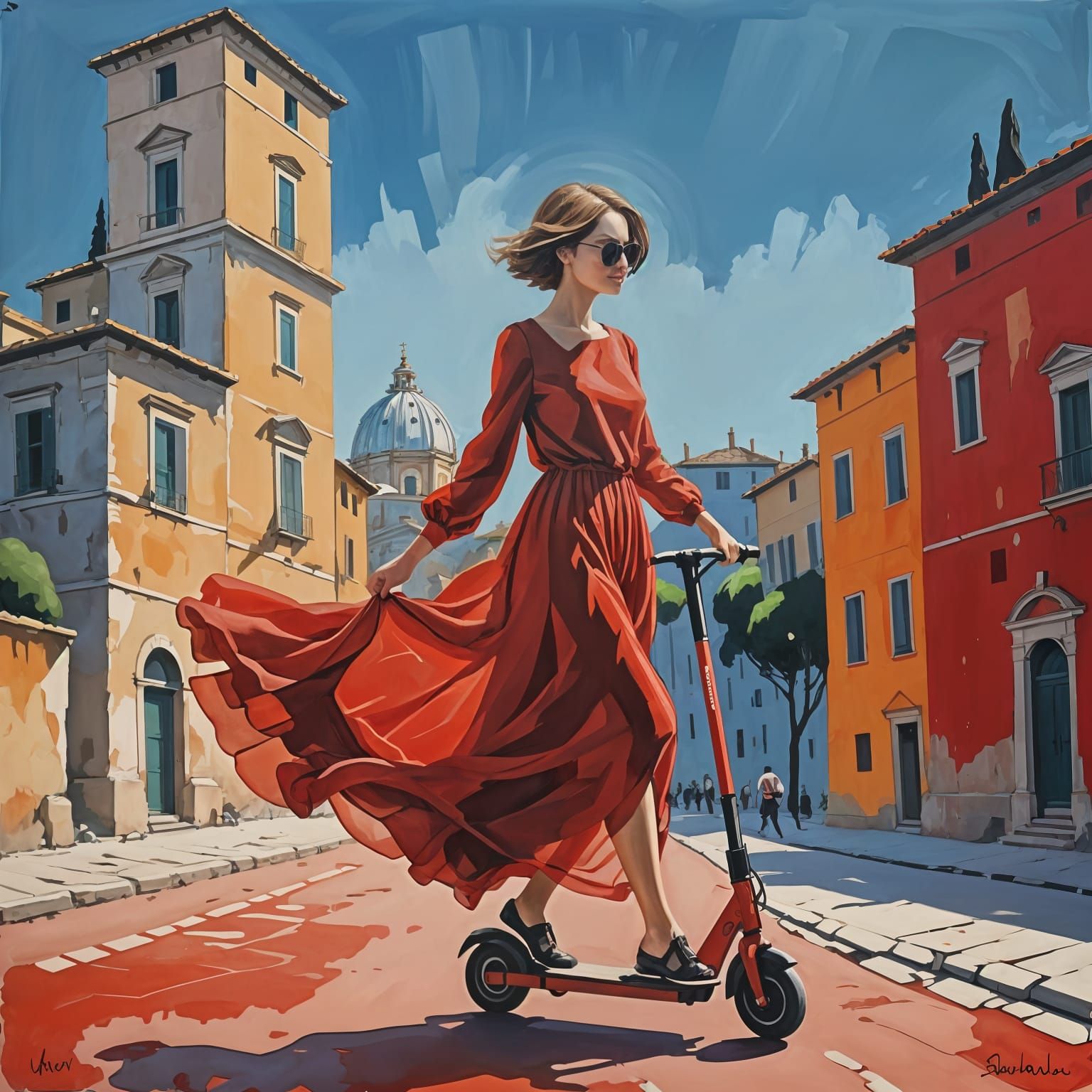 Woman on Scooter in Rome, Fauvist Acrylic Painting