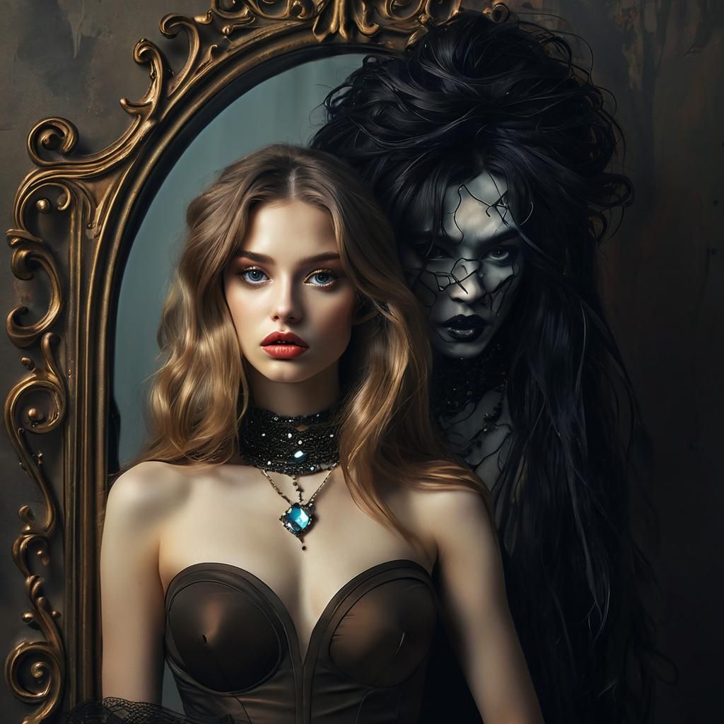 Woman's Dark Reflection: Surreal Metaphysical Art