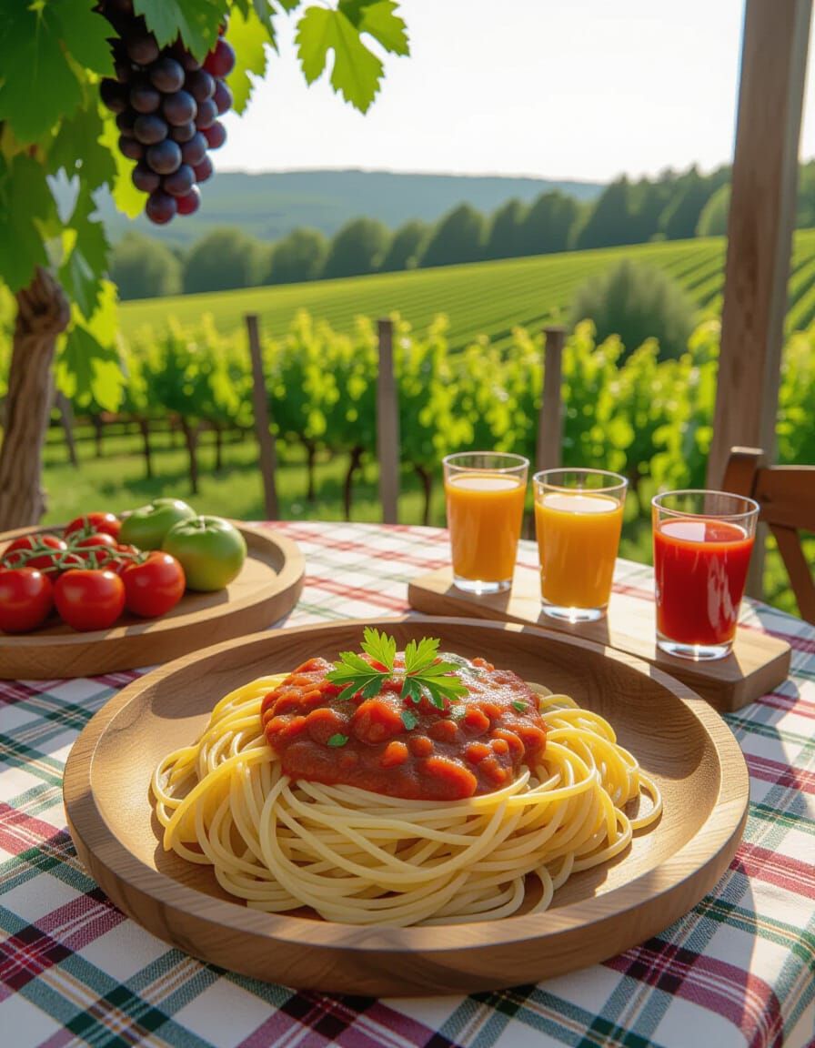 Spaghetti with Tomato Sauce on Plaid Tablecloth