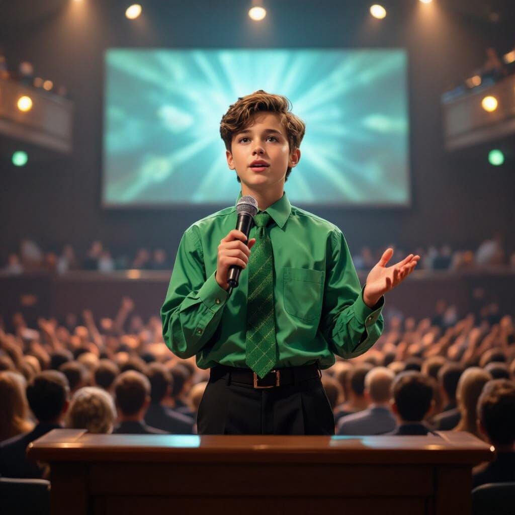 Teenager Preaching to Crowd in Digital Art Style
