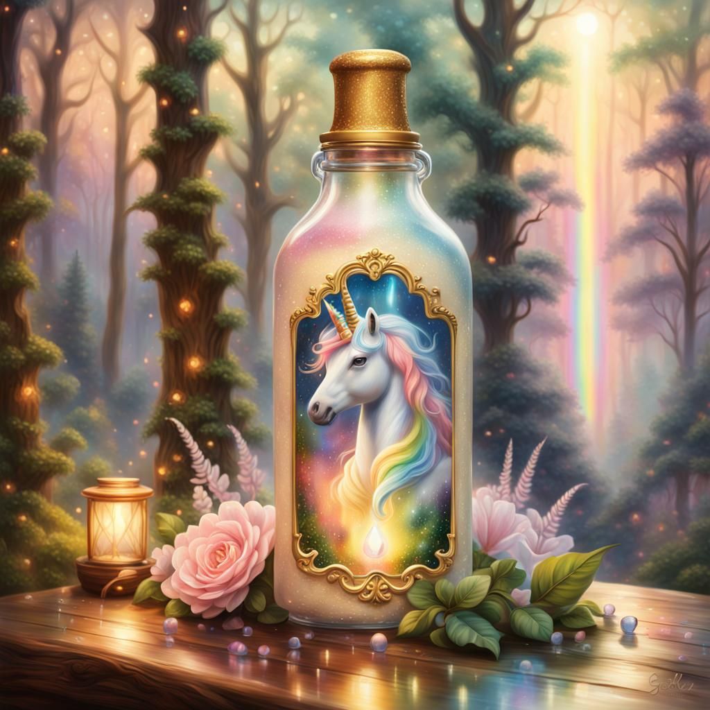 A bottle of “Energizing Unicorn Tears,” promising magical en...