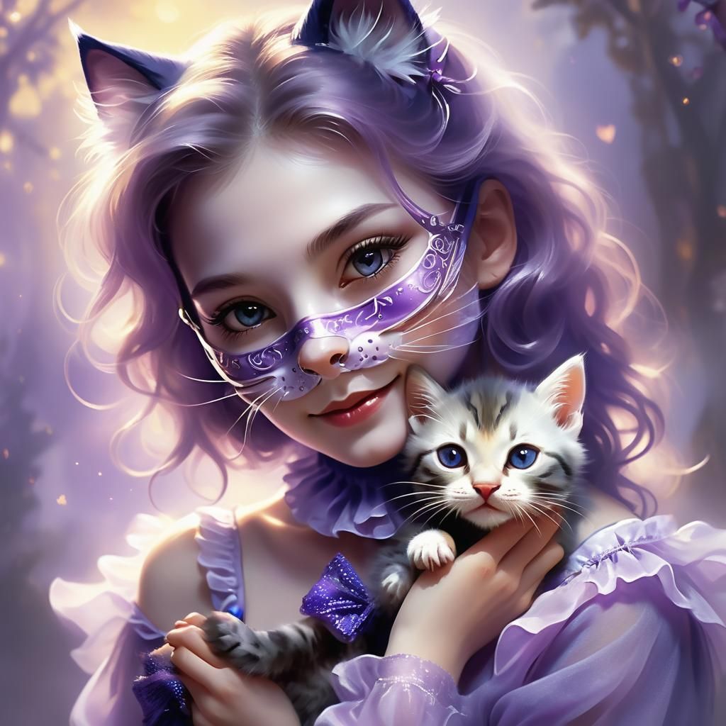 Woman in Feline Mask Stroking Kitten: Surreal Digital Art