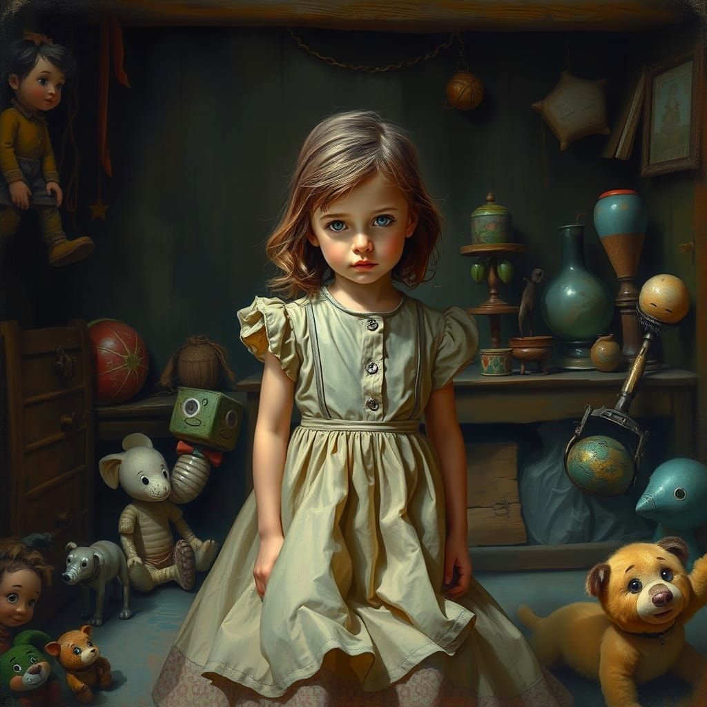 Surreal Attic Scene: A Dali-esque Oil Painting