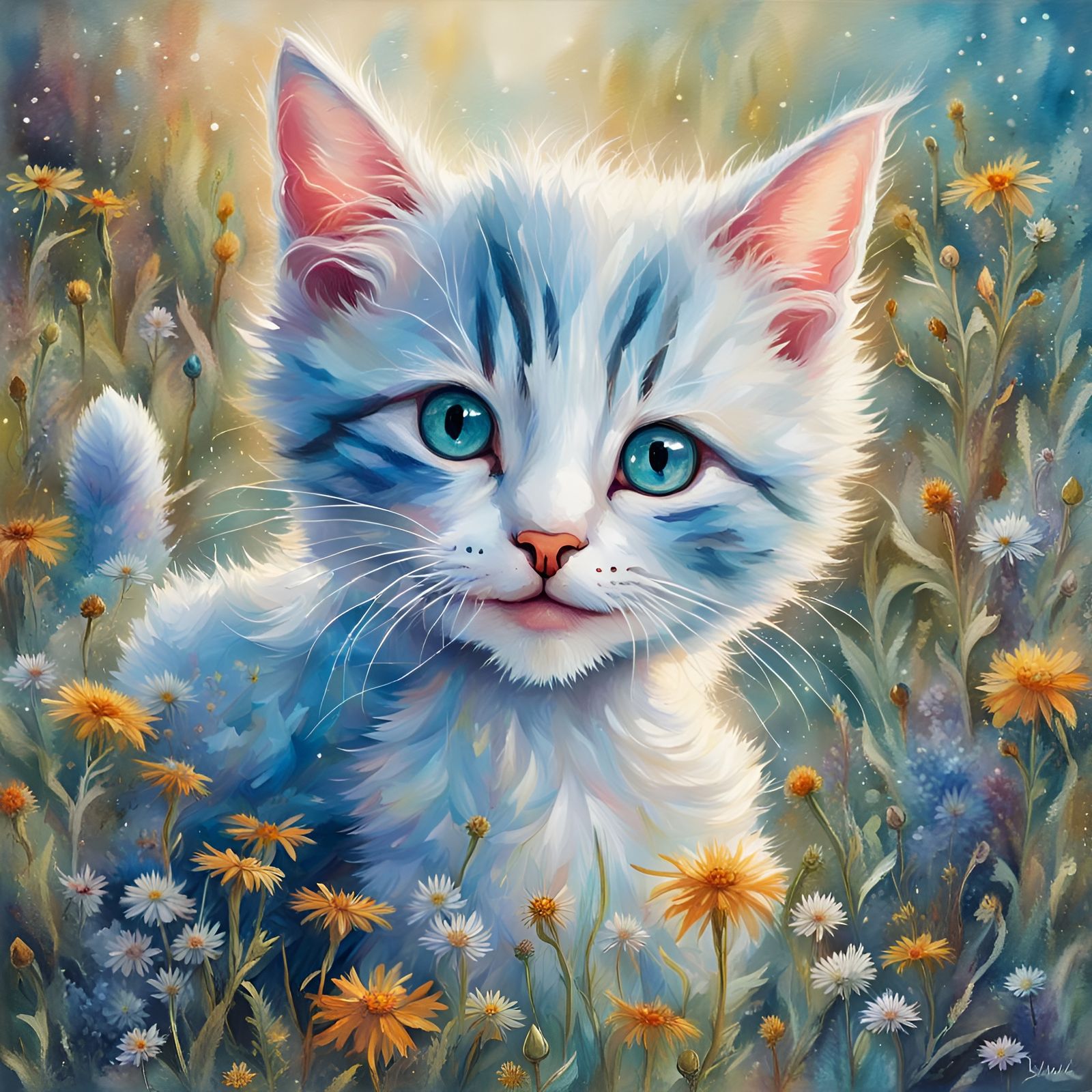 Joyful Kitten Jumps in Wildflowers: Folk Art Style