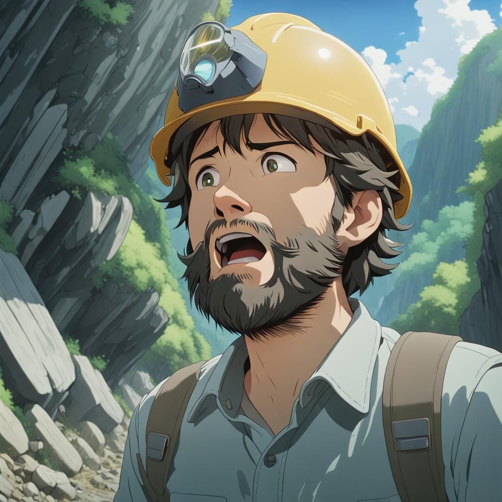Overwhelmed Geologist Screams in Anime Key Visual Style