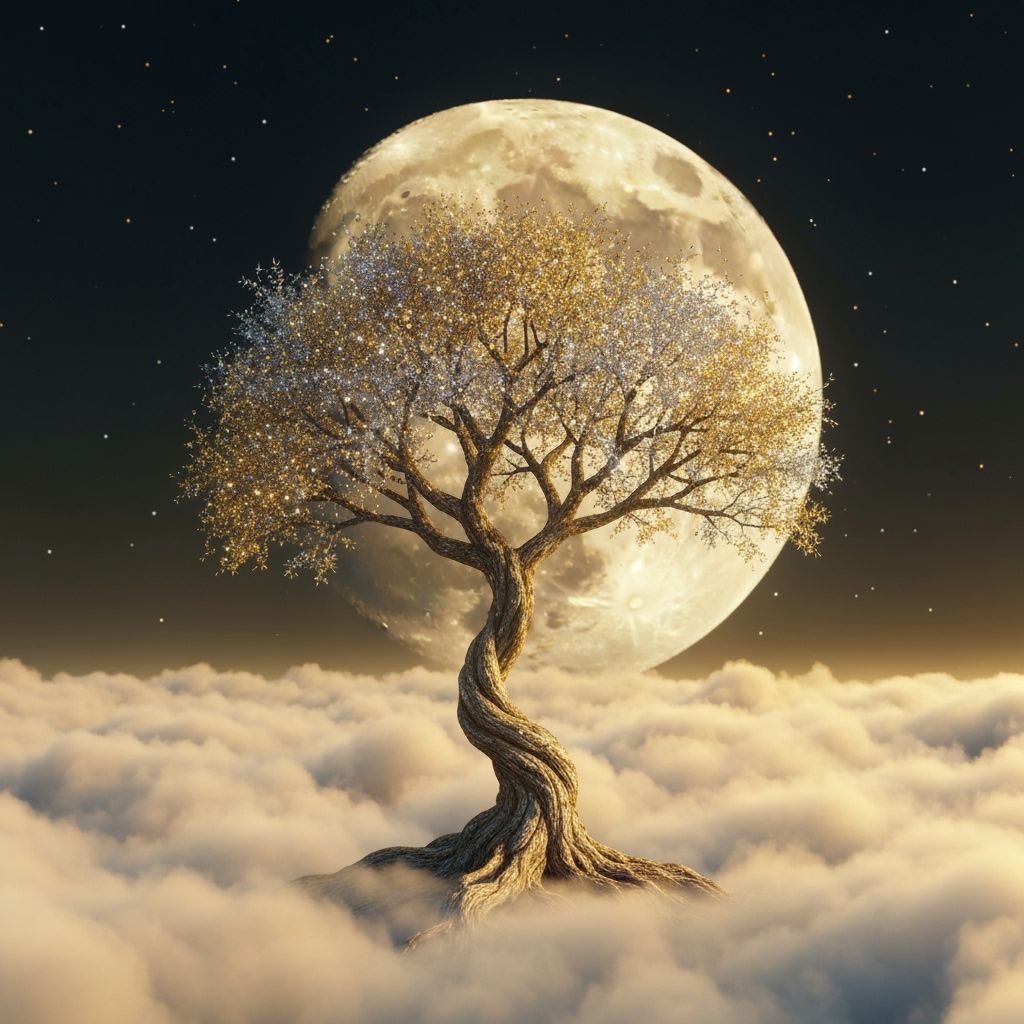 Glowing Glitter Tree on Clouds Under Large Moon