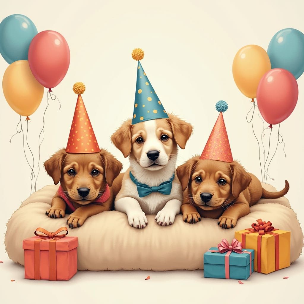 Joyful Puppies Celebrate on Plush Bed