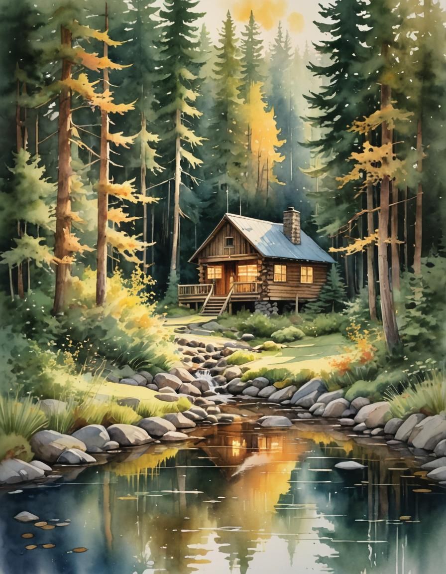 Cabin in Forest Watercolor Painting