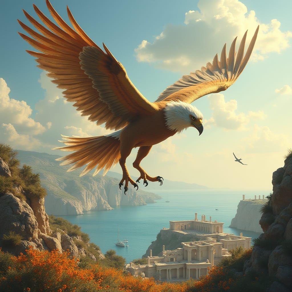 Gryphon Soaring Over Mediterranean Island
