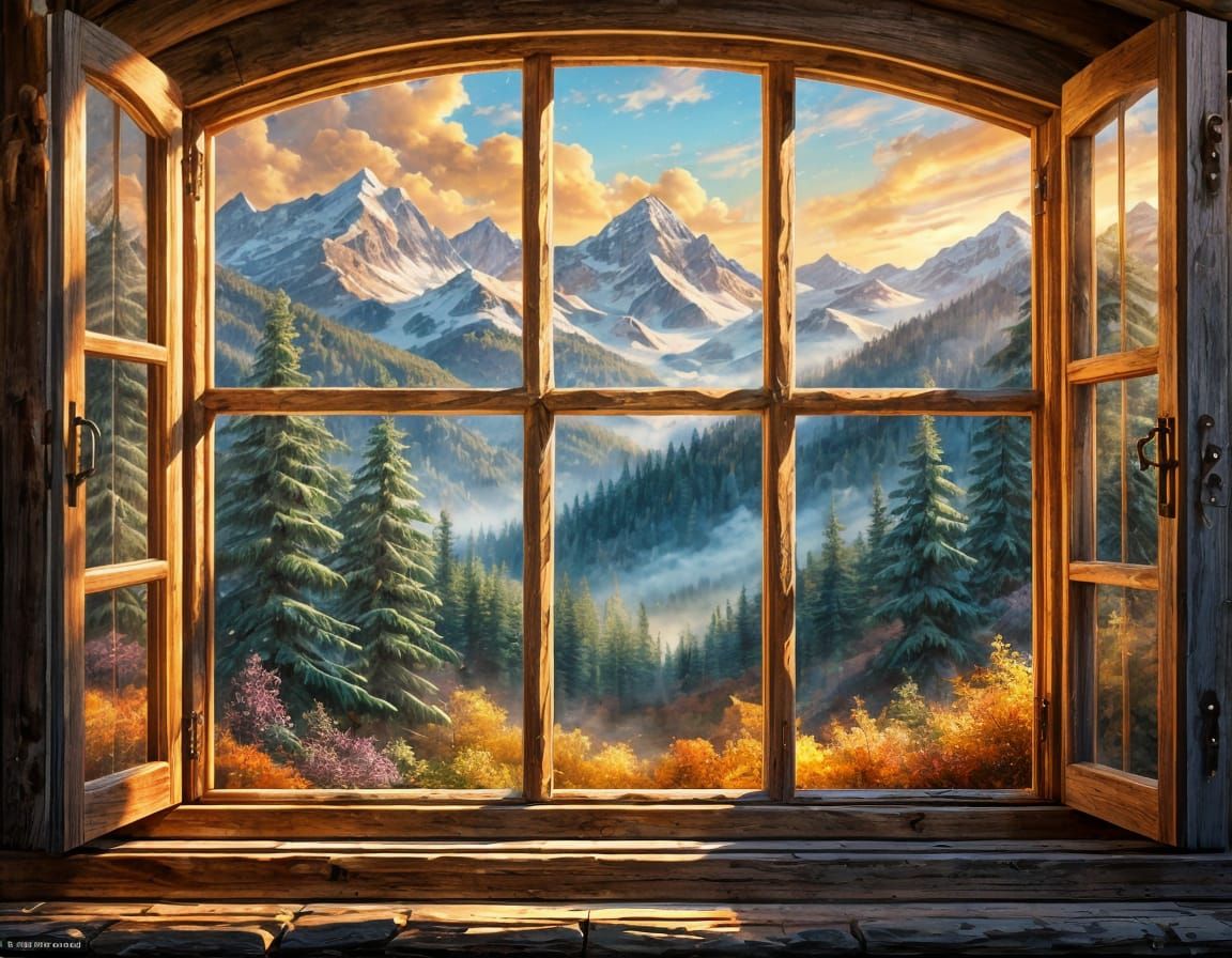 Magical Window Reveals Winter Forest, Astral Illustration