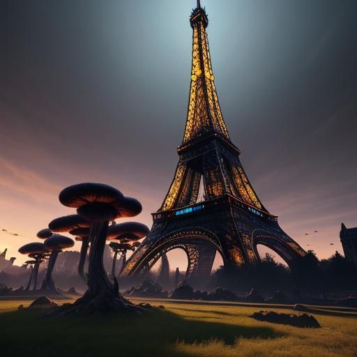 Eiffel Tower in Fantastical City at Dusk
