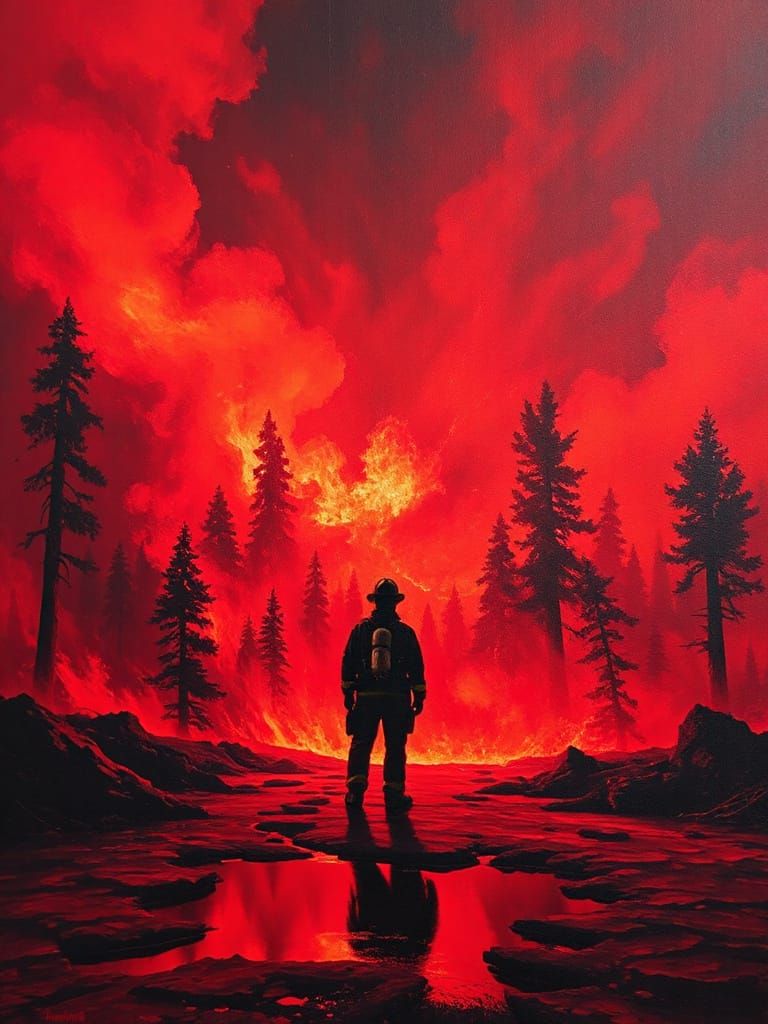 Inferno: Firefighter vs. Giant Fire Forest in Impasto Style