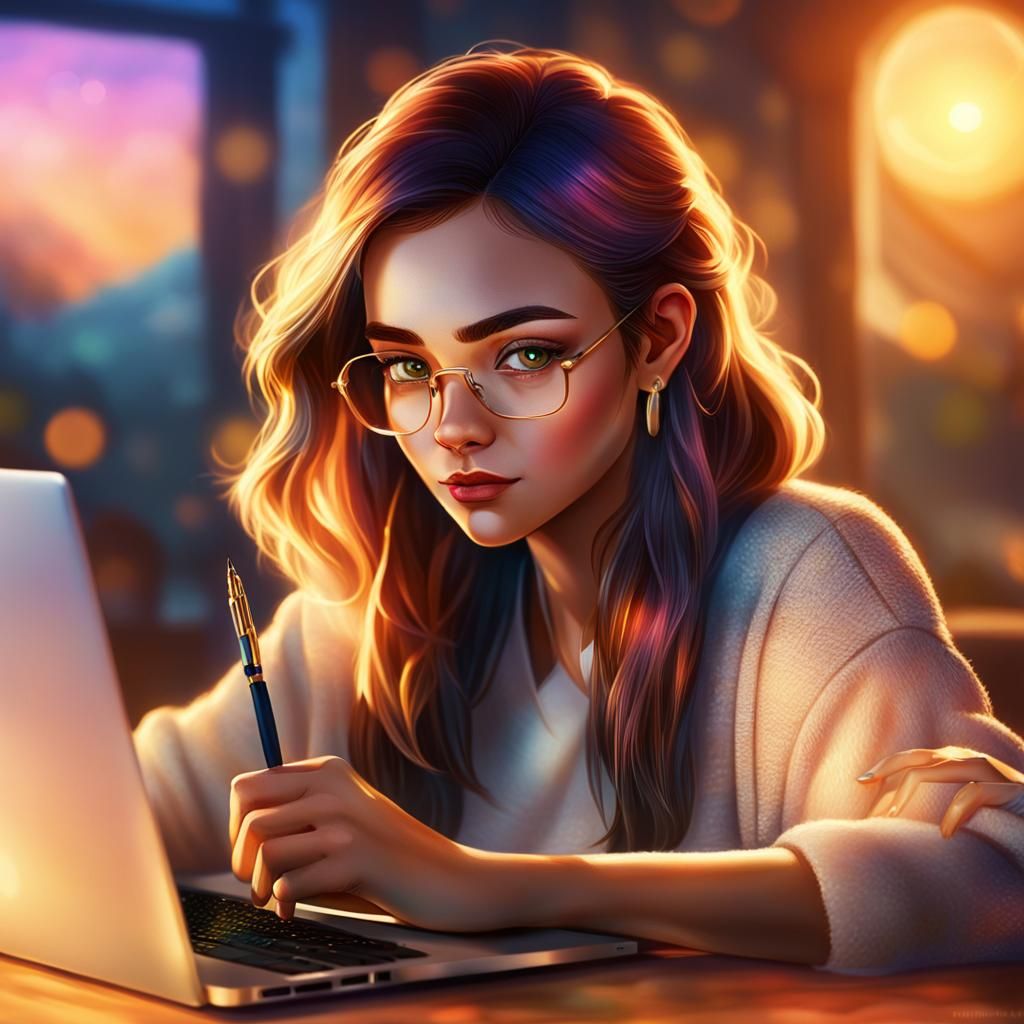 Girl with Laptop: Golden Hour Digital Portrait