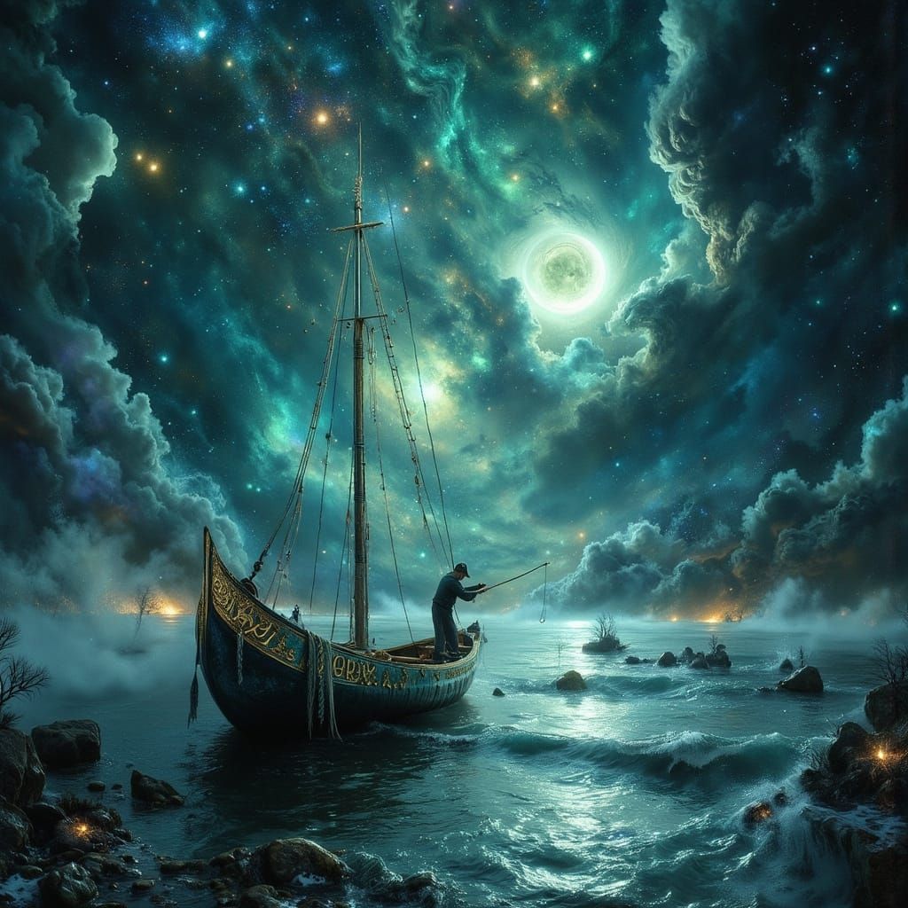 Dark Fantasy Fisherman Under Twin Moons