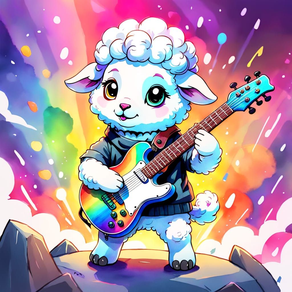 Fantasy Sheep Cub Rocking Guitar: Watercolor Cartoon