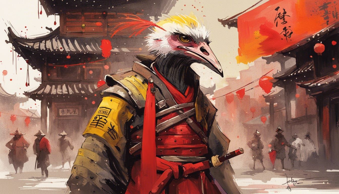 Ostrich Samurai in Chinatown: Watercolor Calligraphy