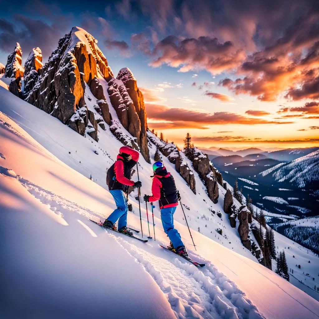 Winter Sports Camaraderie at Sunset in Snowy Mountains