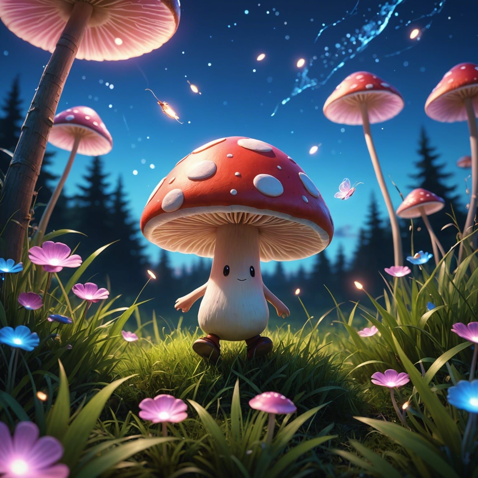 Cute Mushroom Runs Through Grassy Field in Anime Art