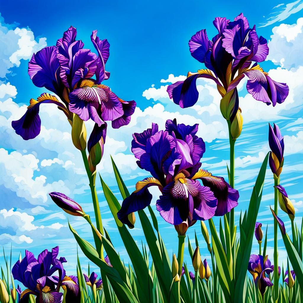 Purple Irises Amidst a Vibrant Blue Sky