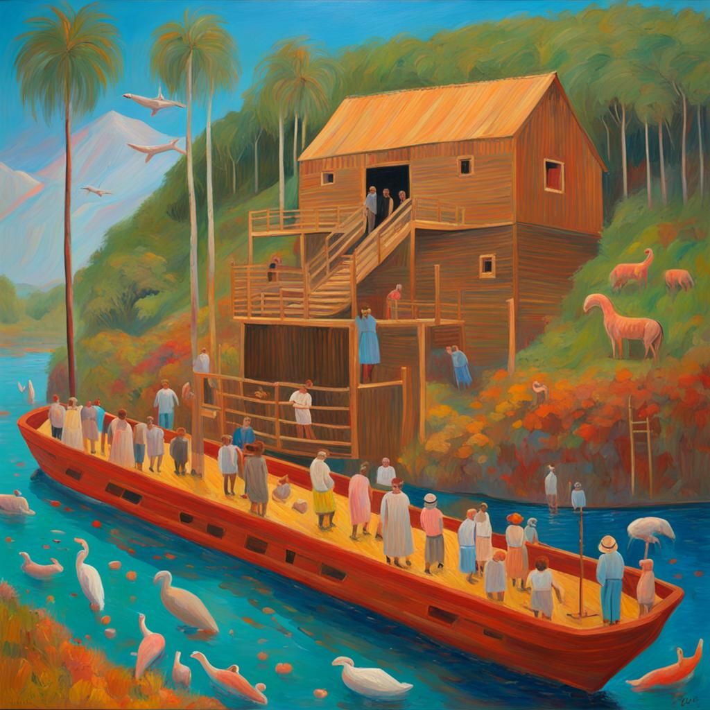 Noah's Ark as a David Hockney-style Painting