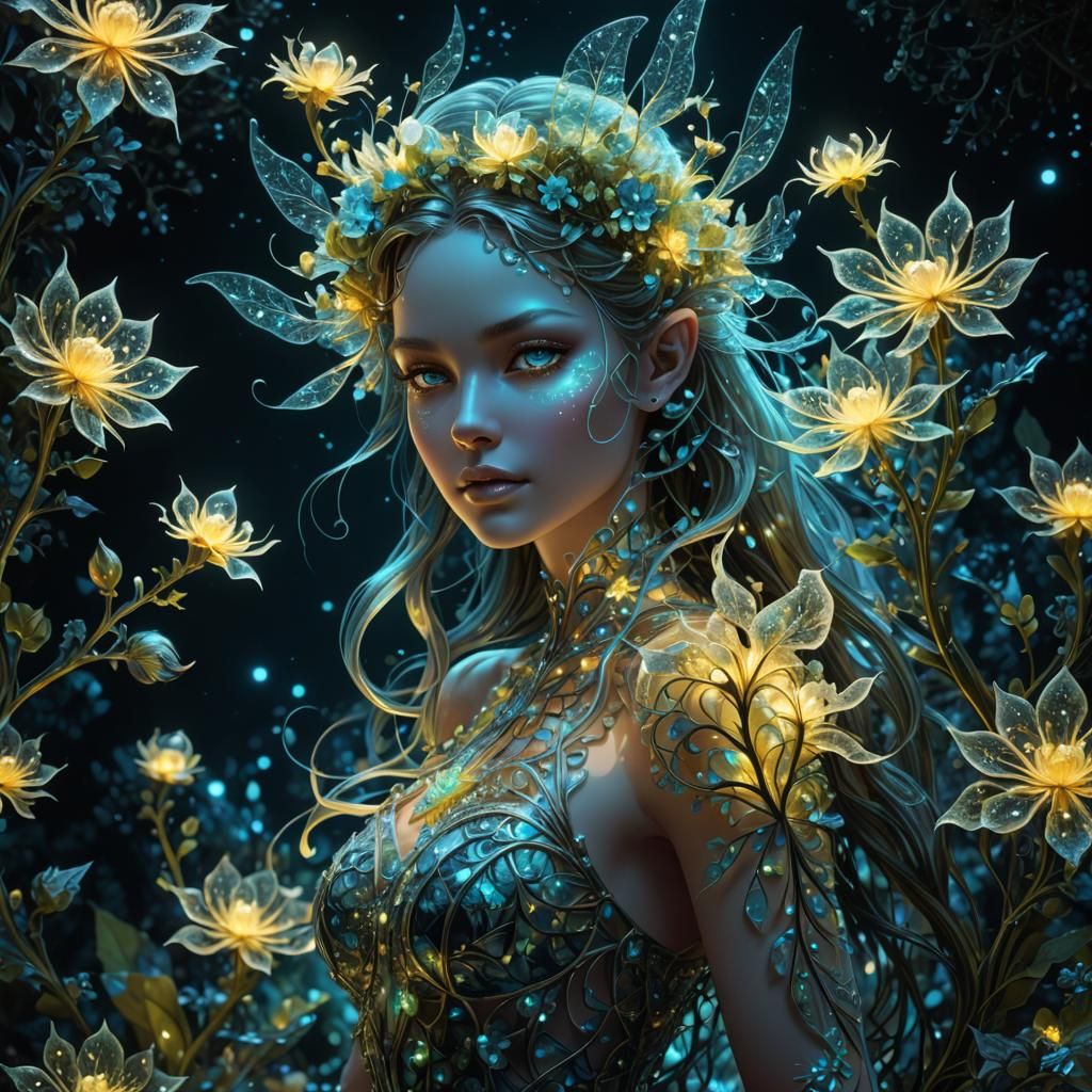 Bioluminescent Fractal Fairy in Galactic Night
