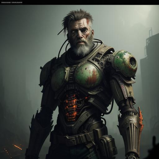 Biomechanical Man with Smoke Beard in Biopunk Style