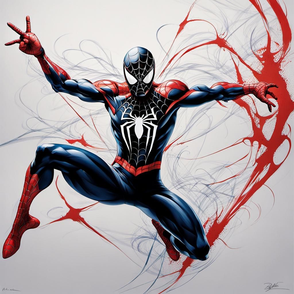 Spider-Man Leaps from Canvas in Ink Drawing