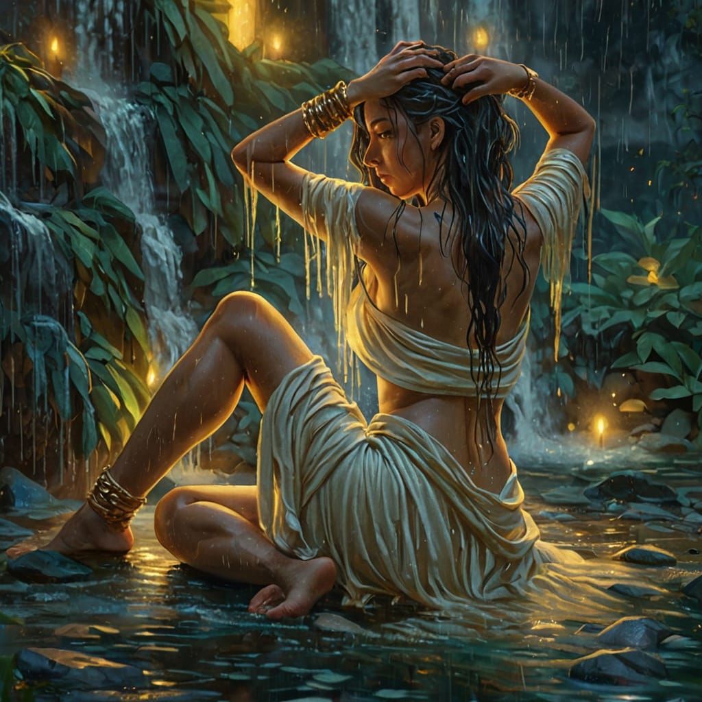 Goddess Beneath Waterfall in Hyper-Realistic Oil Painting