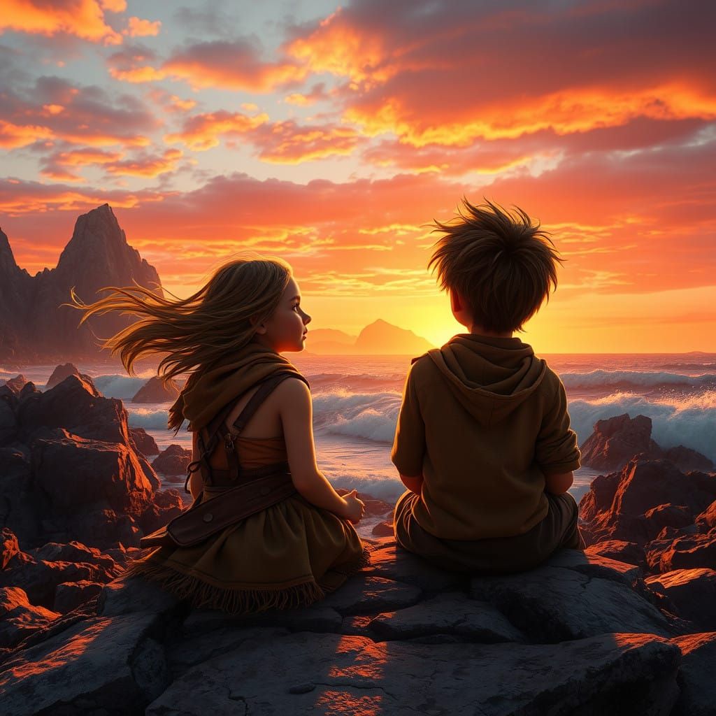 Young Adventurers Gaze at Sunset on Rocky Seashore in Vibran...
