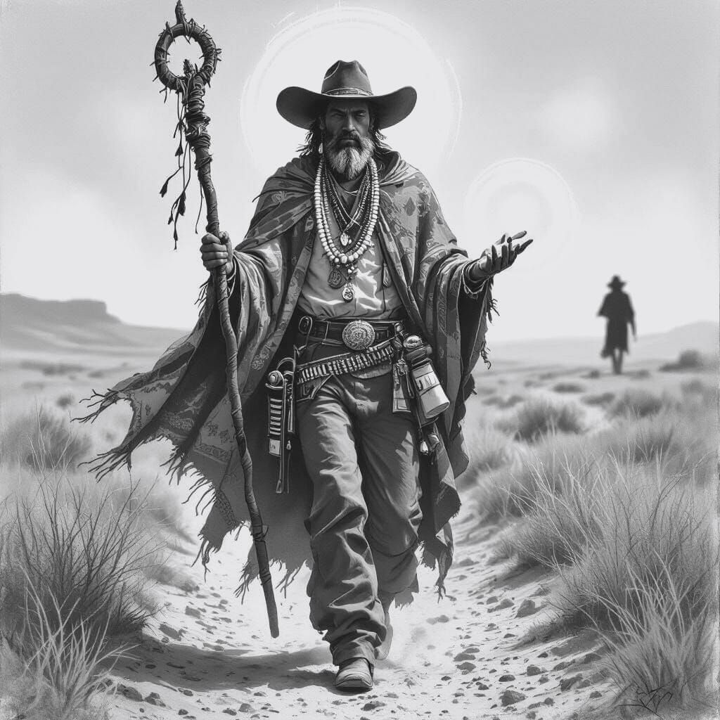 Charismatic Preacher Walks Dusty Plains in Charcoal Style