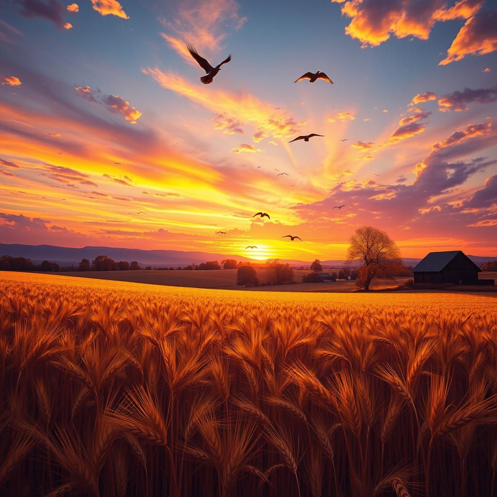 Idyllic Wheat Field Landscape at Sunset