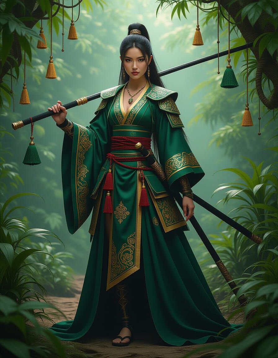 Ninja in Fabric Jungle, Textile Fantasy Art